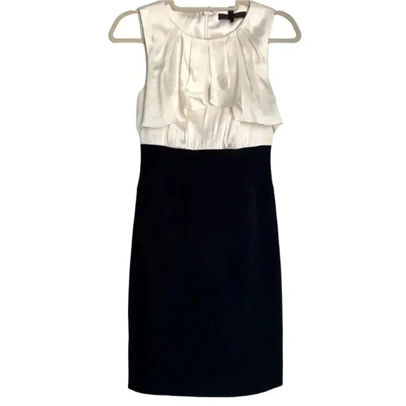 BCBG Maxazria Satin Silk Ivory Ruffle Bust Straight Shift Black Dress Size 0 - Picture 3 of 12